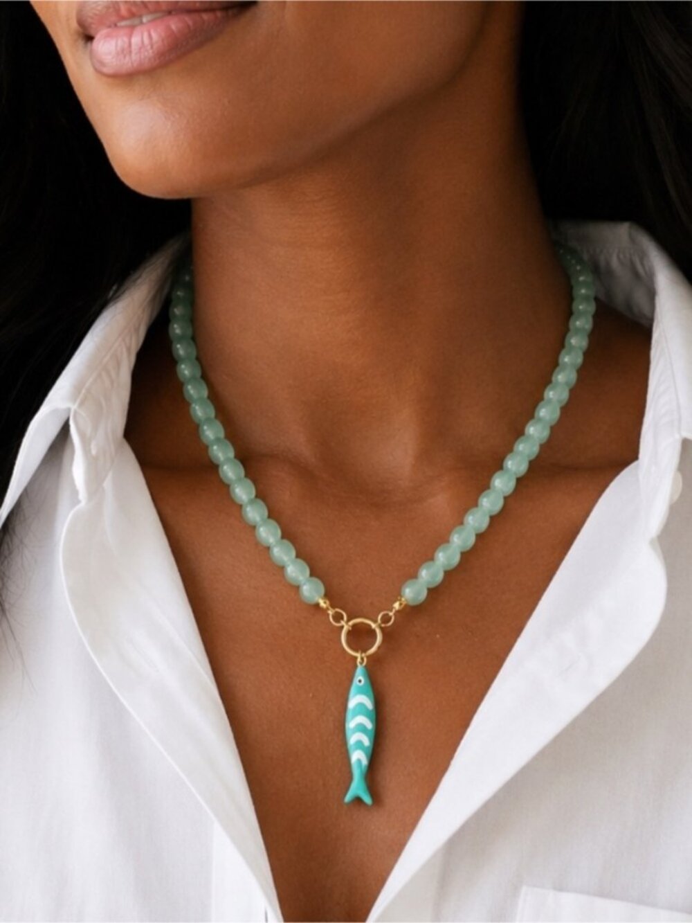 New! Coastal Sea Green Fish Charm Beaded Necklace NWOT